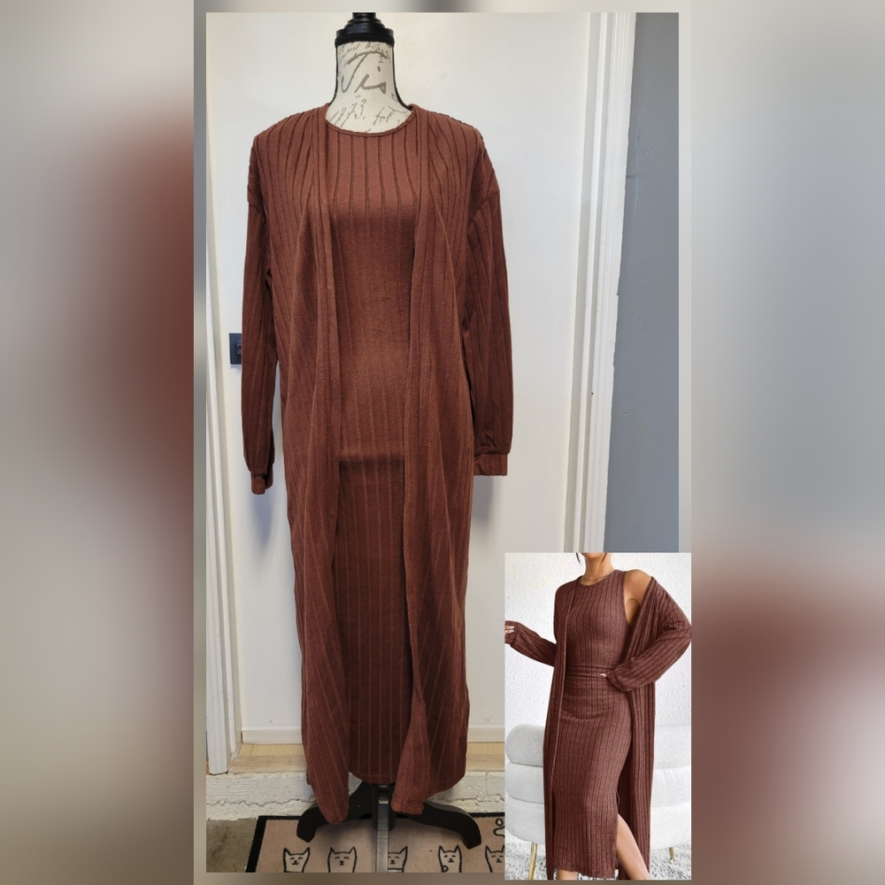Shein Ribbed Knit Brown Dress And Long Cardigan Set Cabincore Size M